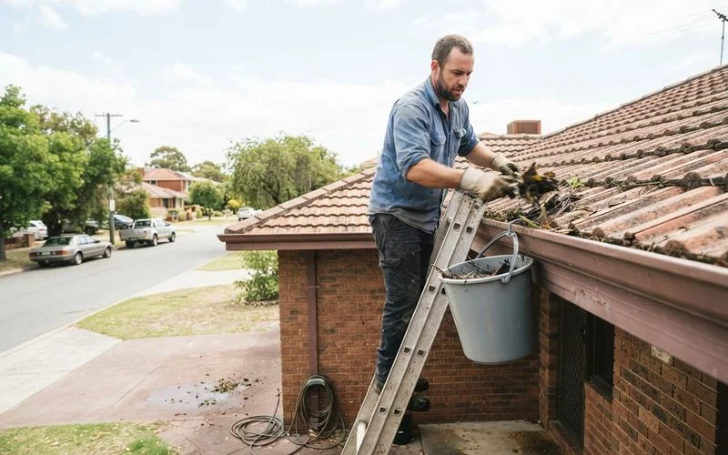 A tradesperson clearing leaves and debris from a home's gutter along the roofline in Perth before the wet season, daylight, no text overlays