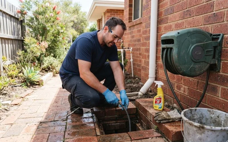 A plumber wearing protective gloves working on an outdoor gully trap during a drain clearing job in Perth, daylight, no text overlays