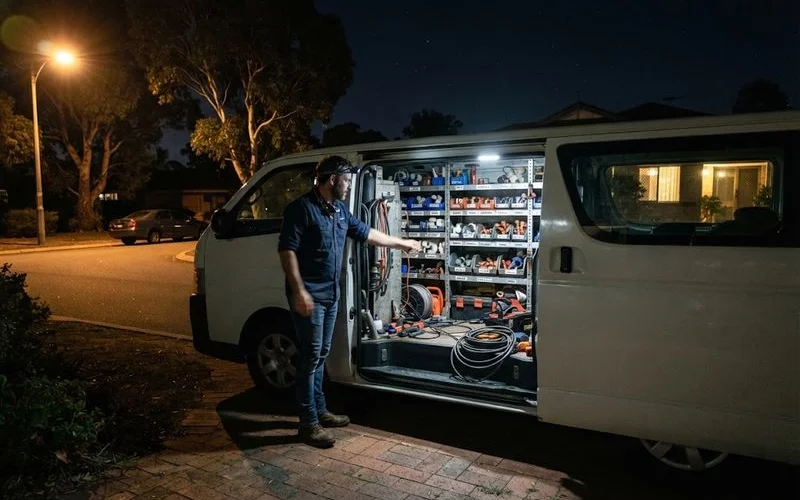A plumber's van parked outside a Perth home at night with a torch beam visible, emergency callout scene, no text overlays