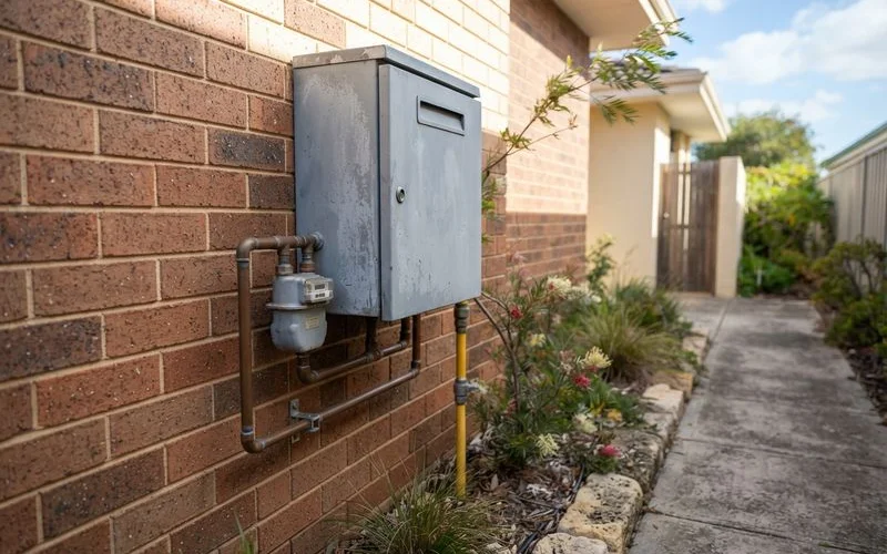 A gas meter and outdoor connection point on the exterior of a Perth home, daylight, no text overlays