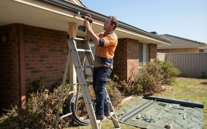 A tradesperson on a ladder installing new Colorbond guttering along the edge of a Perth home's roofline, daylight, no text overlays
