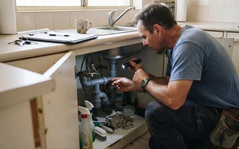 A plumber inspecting exposed pipework in the roof space of an older Perth home during a pre-purchase check, daylight, no text overlays