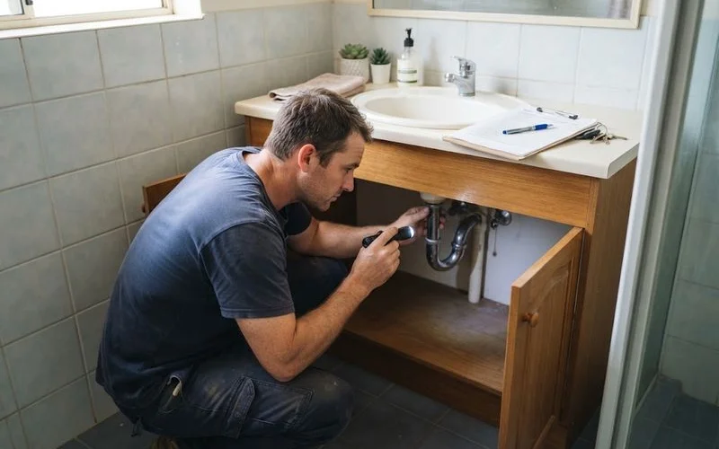 A plumber conducting a general condition check of pipework and fittings in an older, vacant Perth home before sale, daylight, no text overlays