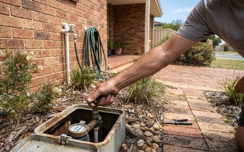Someone shutting off a water mains isolation valve outside a Perth home during a burst pipe emergency, daylight, no text overlays